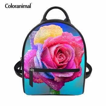 

Coloranimal Fashion Mini School Bookbags for College Student Luxury Brand PU Leather Women Backpack Lady Rose Print Shoulder Bag