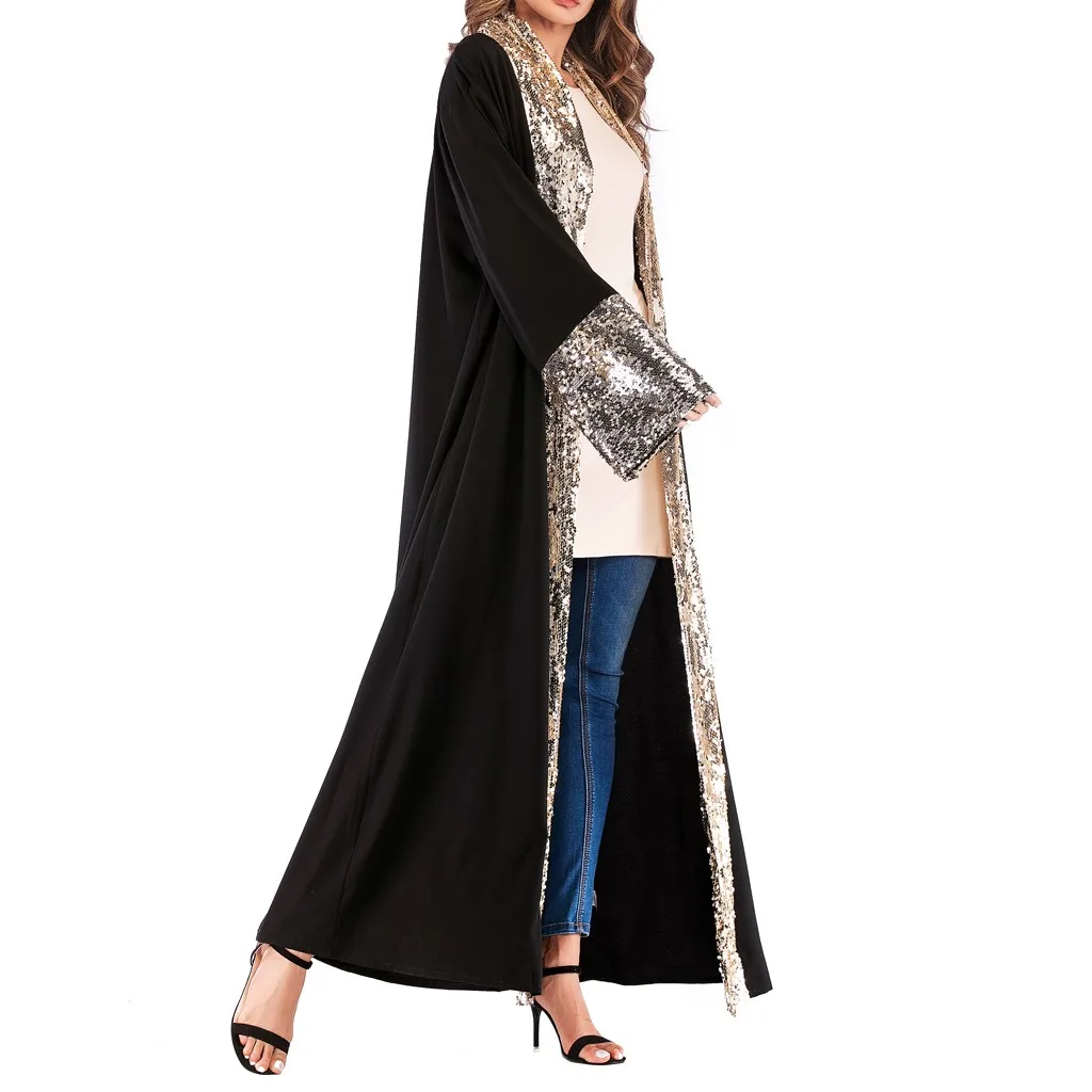 Women s National Cardigan Robe Abaya Islamic Muslim Middle East Long Sleeve Robe Sequined Bandage Dress 4.13