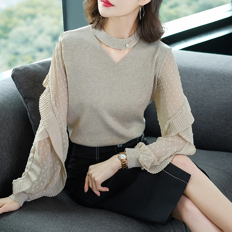 Brand Knit Sweater 2019 Spring Fall Women New Pure Color Panel Pleated Lace Mesh Casual V-neck Pullovers Female | Женская одежда