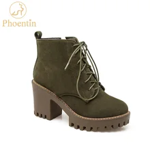 Phoentin/ботильоны для женщин на платформе, новые ботинки на шнуровке с круглым носком на высоком каблуке 8 см Женская обувь зеленого цвета на молнии, FT173