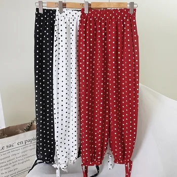 

2019 Summer Women Casual Dot Thin Harem Pants Wide Leg Drawstring Bowknot Urban Ankle Banded Elastic Waist Jogger Trousers