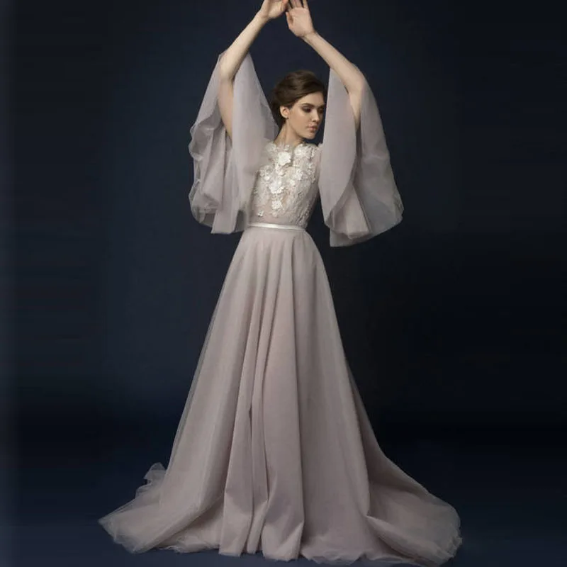 lavender tulle boho wedding dress with french lace top Bohemian wedding dress hand embroidery long sleeves wedding dresses tulle skirt