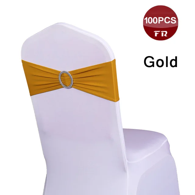 100 шт. эластичная лента для стула полиэстер лайкра ленты из спандекса на стулья с кольцом для свадебной вечеринки украшение для стула - Цвет: Gold
