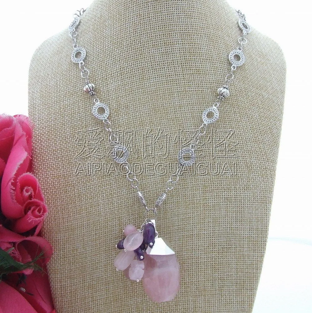 

N052506 19" 23x38MM Multi Shape Rose Crystal Pendant Amethy Necklace
