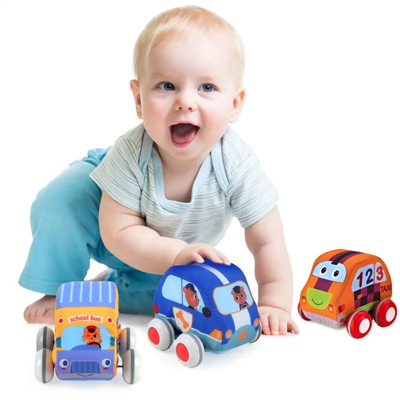 Baby Soft Toy Set 4pc Pull Back Play Car Truck Bus Toddler Carry Bag Learning 