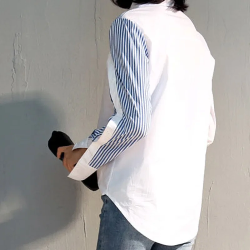 LANMREM Fashion Spliced Stripe Turn-down Collar Full Sleeve Blouse Personality Asymmetrical summer Women Shirt Clothes BC845