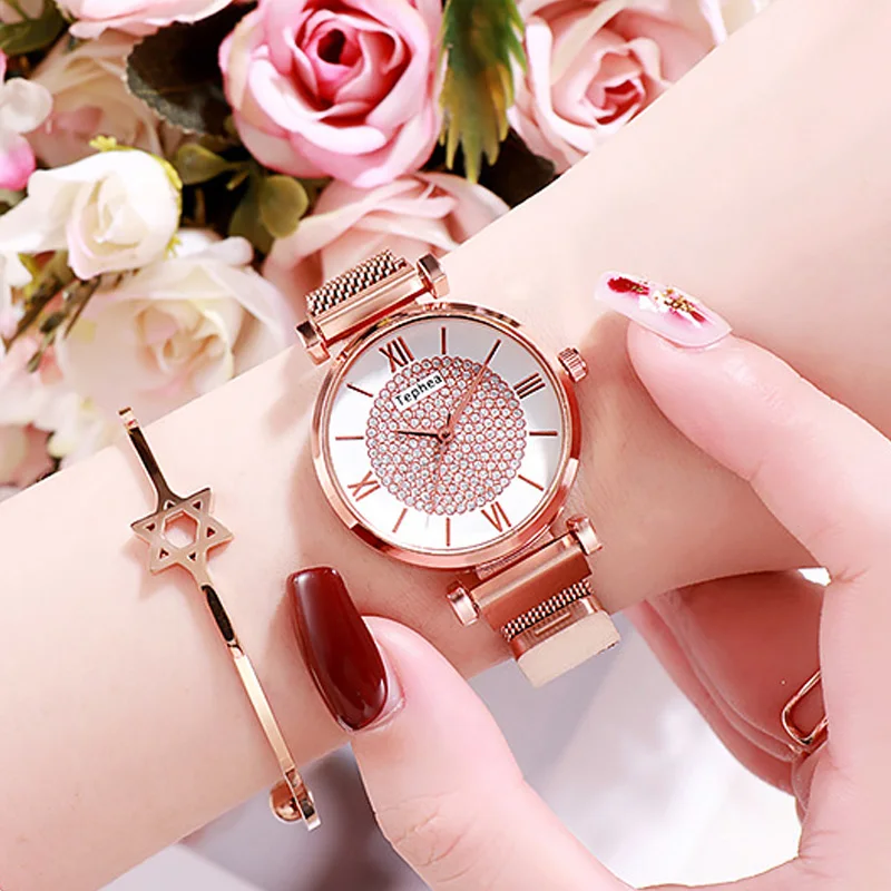 

2019 Luxury Rose Gold Women Watches Fashion Elegant Ladies Full Diamond Dress Wristwatch Magnetic Waterproof Clock reloj mujer