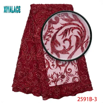 

2019 Latest French Nigerian Laces Fabrics High Quality wine handmade Beaded Tulle African Laces Fabric For Wedding 2591b