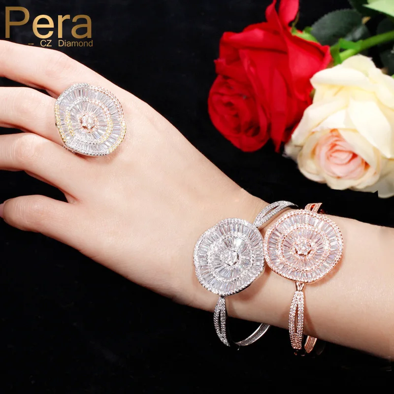 

Pera Luxurious Design Rose Gold Color Big Round Mirco Pave Cubic Zirconia Open Cuff Bangle and Rings for Prom Party Jewelry Z036