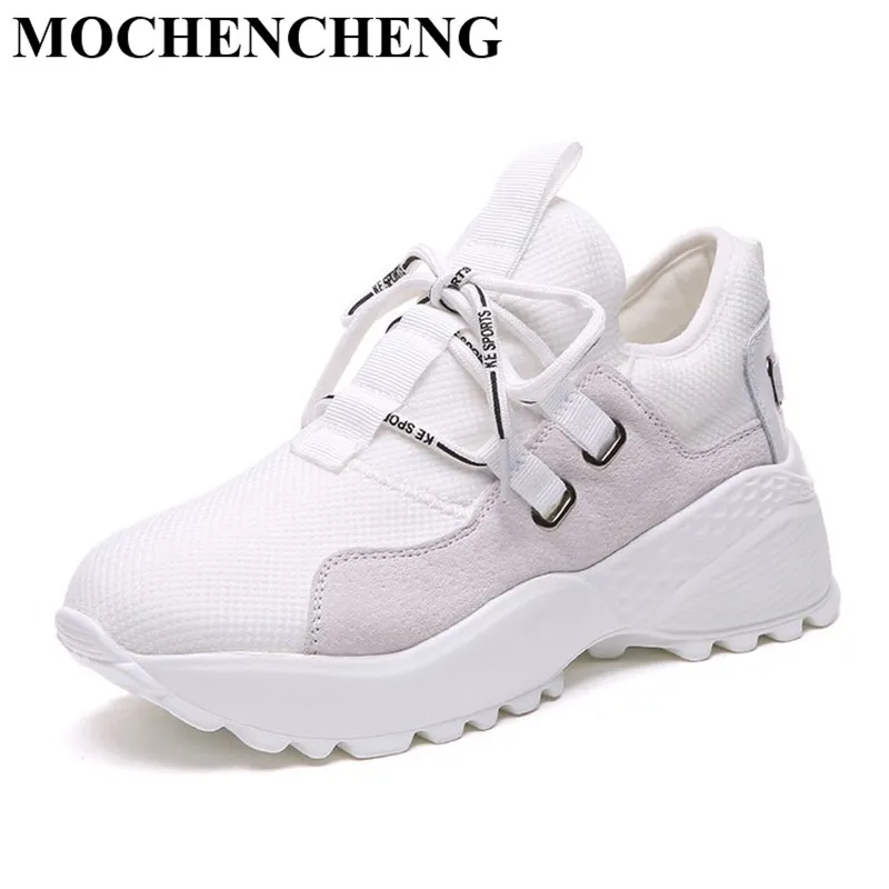 

New Women Spring Summer Casual Shoes Lace-up Sneakers Breathable Mesh Platform Flat Height Increasing Hard-wearing Leisure Shoes