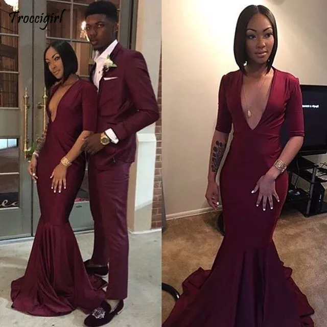 

Slinky Prom Dress Long 2019 Deep V-neck Satin Half Sleeve African Black Girl Burgundy Mermaid Party Prom Dress