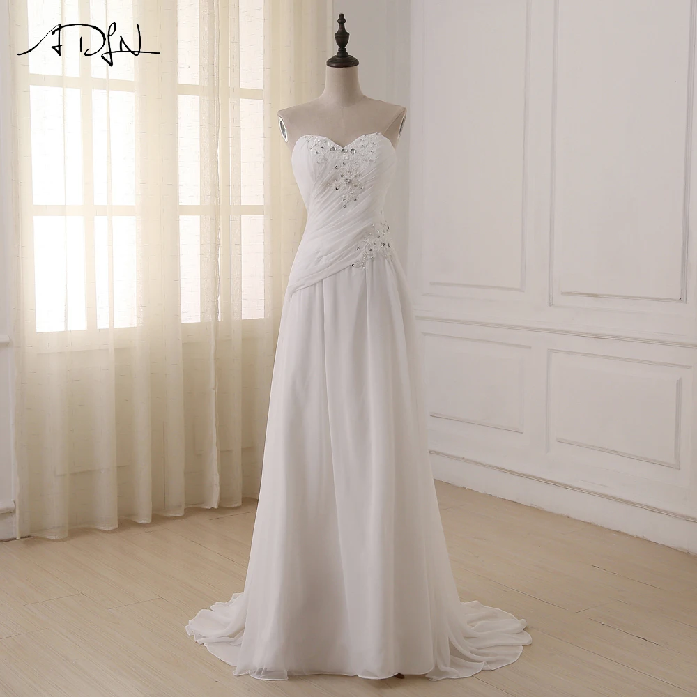 ADLN дешевые плюс размеры Свадебные платья Милая складки аппликация бисером шифон пляж свадебное платье Vestidos de Novia