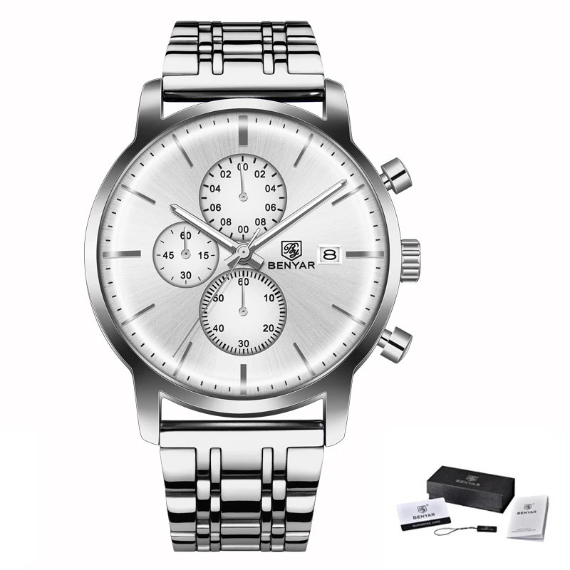 BENYAR мужские часы повседневные модные водонепроницаемые часы мужские лучшие брендовые Новые Роскошные Кварцевые наручные часы с хронографом zegarek meski - Цвет: Steel Silver White