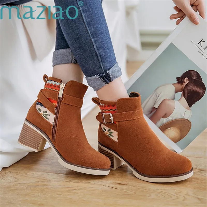 

Vintage Fashion Ankle Boots Women Boots Thick Heel Leather Boots Female Side Size Zipper Buckle Ethnic Style MAZIAO