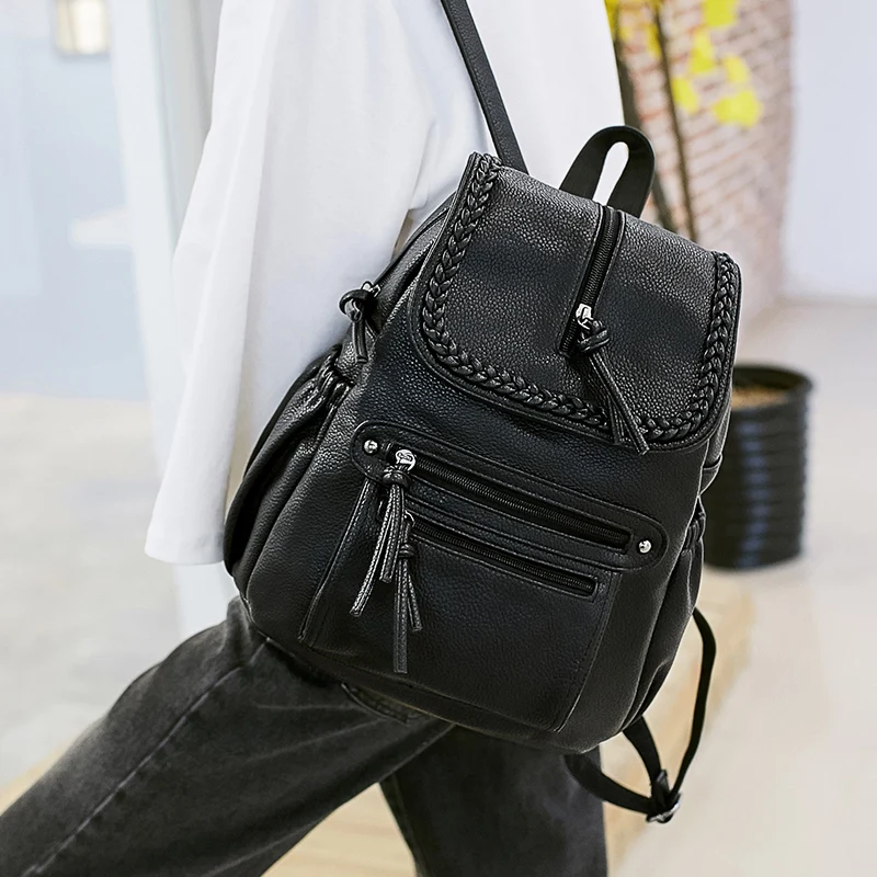 Mochilas lisas para niñas con borlas y cierre de mochila escolar Cute Leathet mochilas escolares para mujeres adolescentes bolso para estudiantes niños