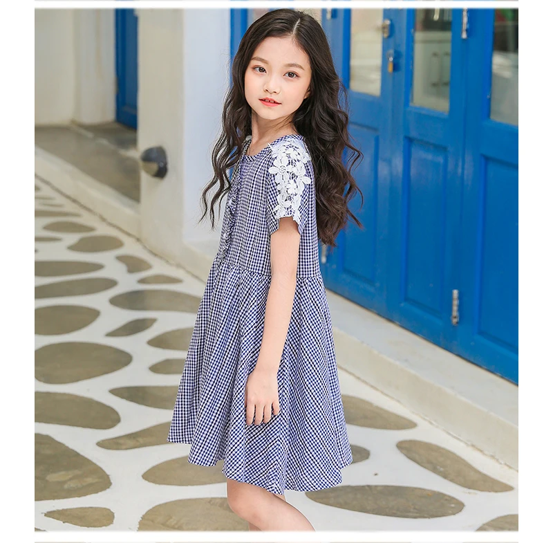 teenage girls dresses with lace crochet floral red blue plaid preppy style little girls dress 2018 summer children dress baby (6)