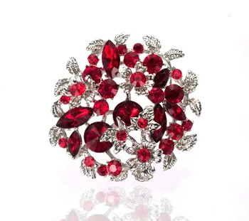 

2 Inch Vintage Rhodium Silver Tone Red Rhinestone Crystal Diamnate Flower Brooch