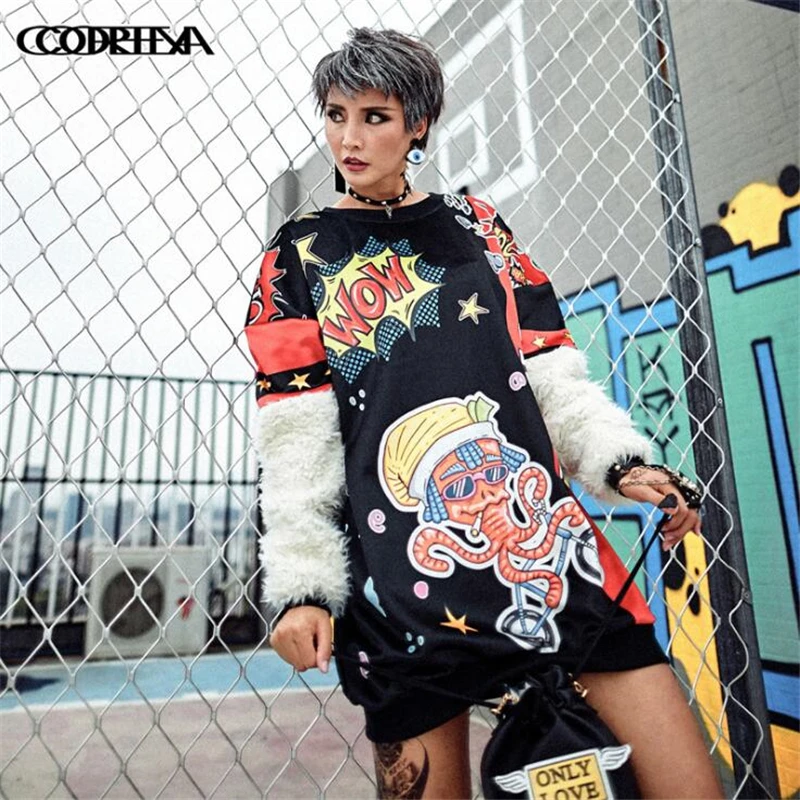 

Women Hoodies Octopus Printed Autumn Winter Plus velvet Sweatshirts Plush stitching Long sleeve Loose Harajuku Long Pullover