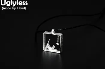 

Uglyless Real S925 Sterling Silver Square Pendants for Women Lovely Cat Necklaces with Leather Rope Chains Ethnic Jewelry Bijoux