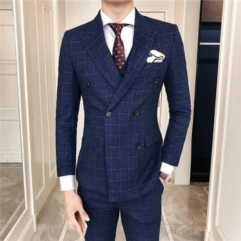 

Wedding party men's plaid three-piece 2019 new double-breasted male Blazer jacket + pants + vest Gray blue S-XXXL