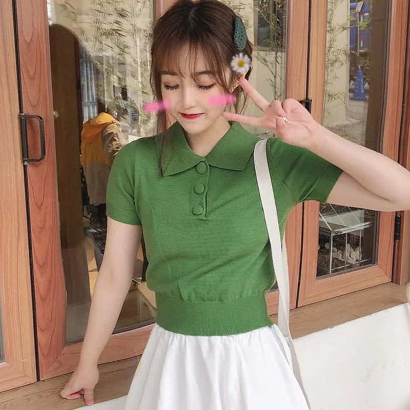 

Candy Color Harajuku Solid T Shirt Kawaii Short Sleeve Tee Tops 2019 Ladies Fashion Character Button Turn-down Collar T-shirt