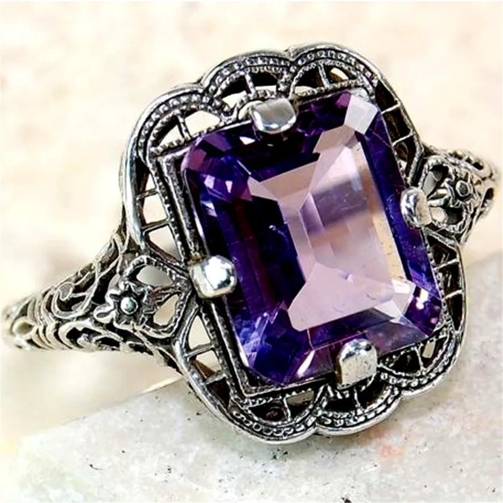 

Princess Dark Blue Stone Rings for Women Gift Hollow Out Silver Ring Luxury Jewelry Large Ring Bague Femme Anillos Mujer O5H558