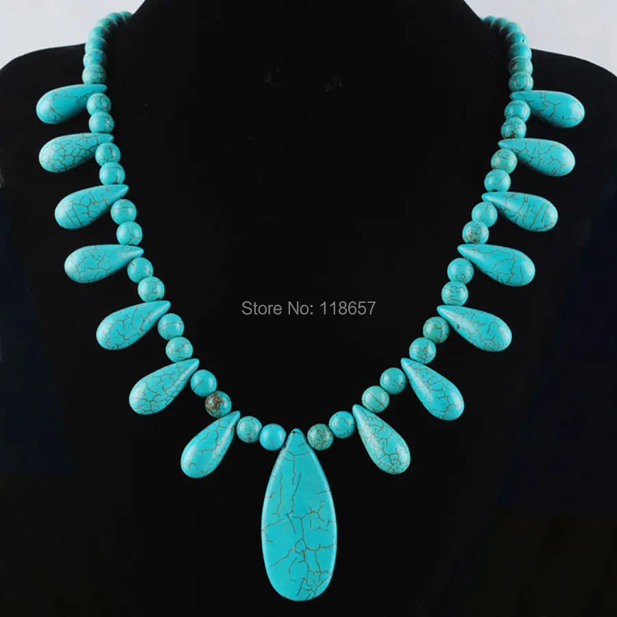 Free Shipping Howlite Teardrop Gem Stone Beads Pendant Necklace 21