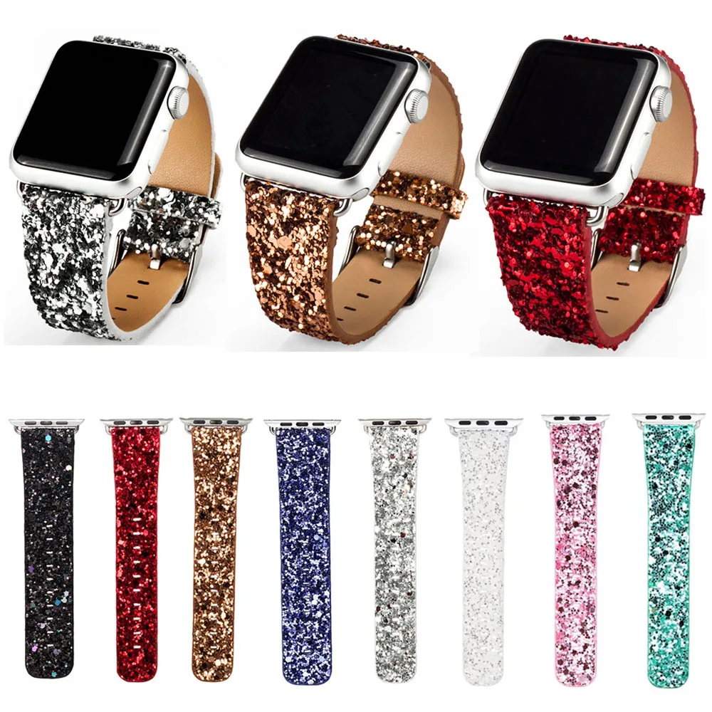 8 Colors Fashion Bling Shiny PU Leather Wrist Strap for Apple Watch Band Bracelet for iWatch Series 3/3/1 38mm 42mm Watchband apple-bands-series- : image 8 Colors Fashion Bling Shiny PU Leather Wrist Strap for Apple Watch Band Bracelet for iWatch Series 3/3/1 38mm 42mm Watchband apple-bands-series-