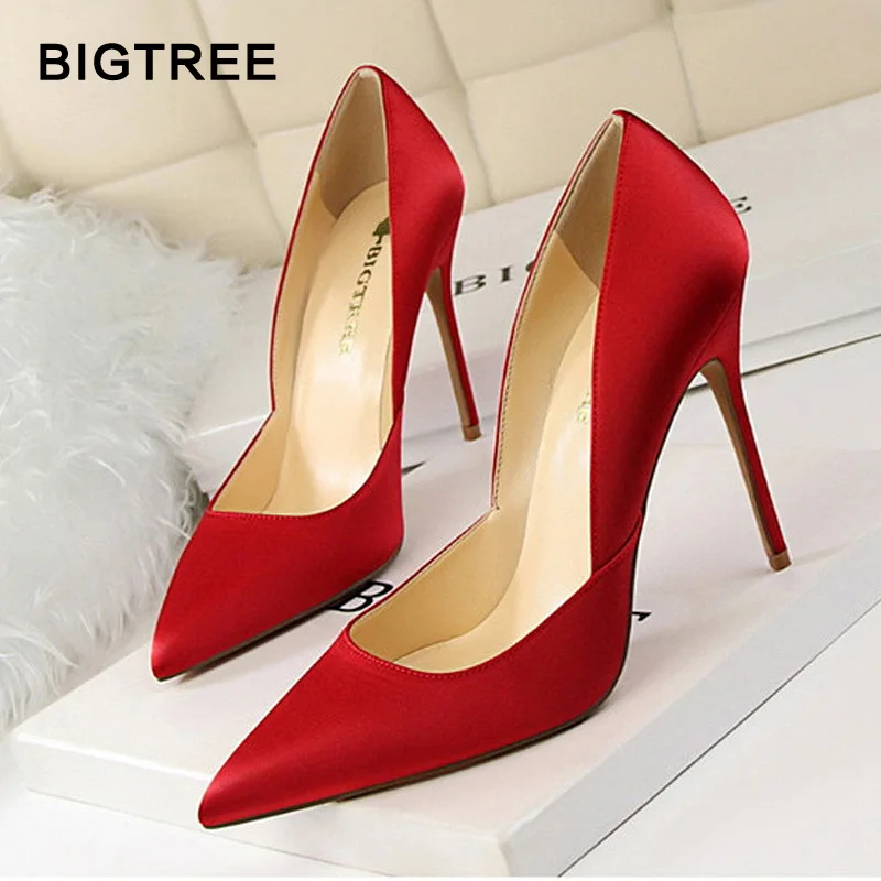 

2018 New Arrival Women High Heels Solid Silk Shallow Women Pumps Sexy Pointed Toe Thin High Heels Shoes Women's Wedding Shoes