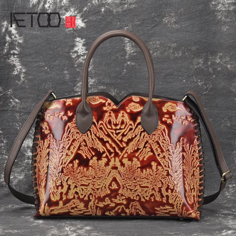 

BJYL Leather bag hand-rubbing head layer cowhide female bag embossing retro female oblique carry shoulder handbag