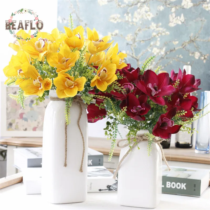 

1Bouquet 5 Heads Artificial Flower Fake Orchid with Grass Silk Flowers Party Home Decorative 4 colors for choice