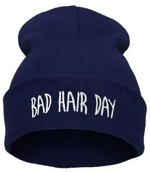 Модные шапки унисекс с надписью «Bad Hair Day», шапки-бини для мужчин и женщин, зимние шерстяные теплые Повседневные вязаные растягивающиеся шапки Skullies - Цвет: navy