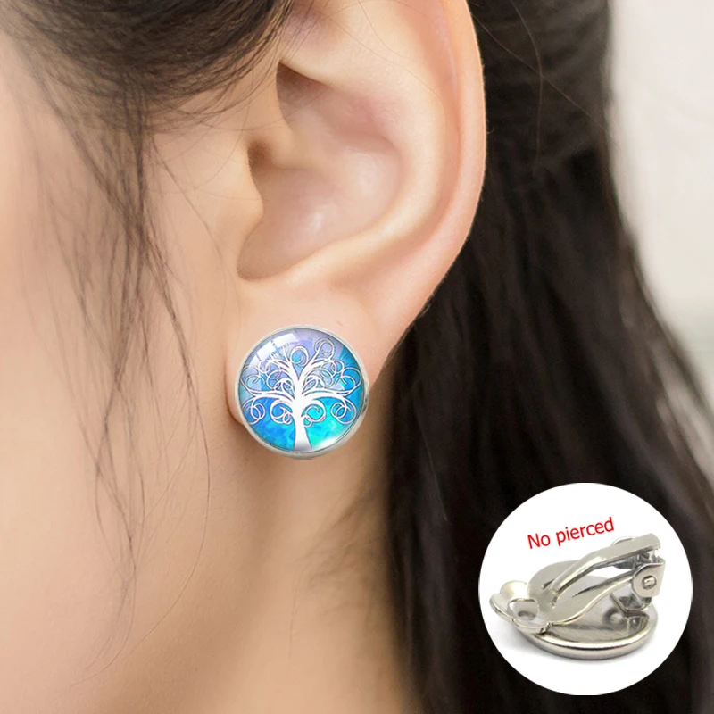 

2019 New Fashion Colored Tree of Life Glass Clip Earrings Glass Dome Life of Tree Art Patterns Earring Gifts for Women Girls