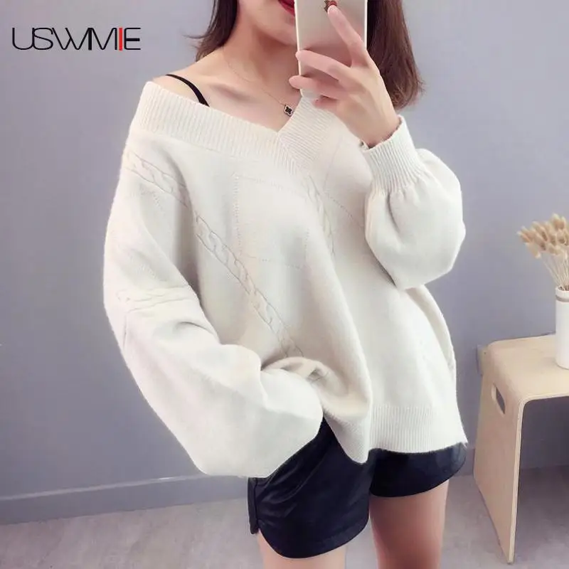 

2019 Winter Women Sweater Wind Lazy Simple Casual Thick Knitted Solid Color Lantern Sleeve Plus Size Loose Comfort Pullover