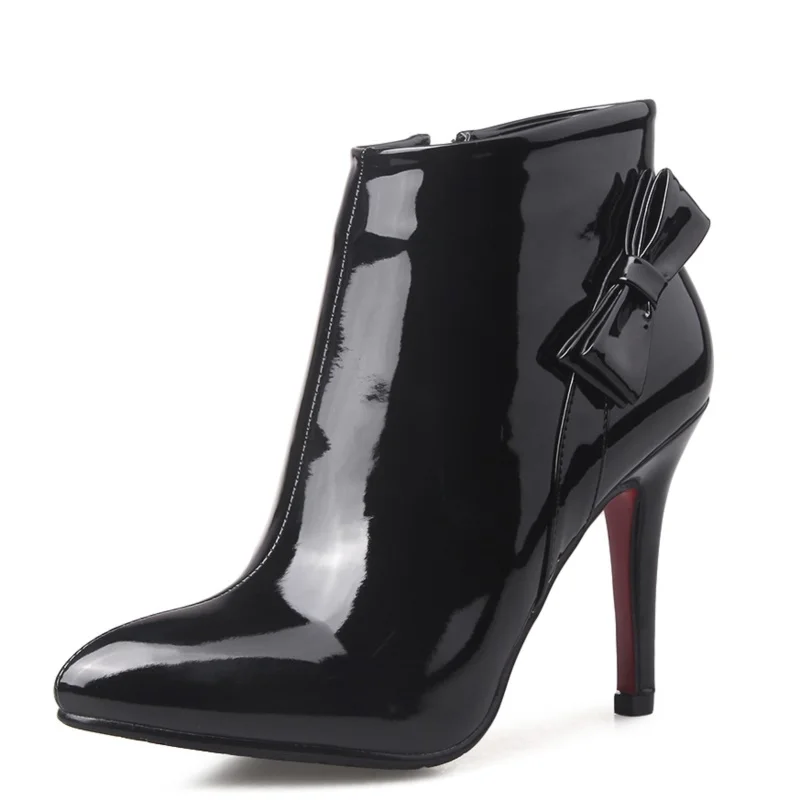 

Rubber Patent Grain Leather Ladies shoes woman Winter Thin Heels 9 cm woman casual shoes Pointed Toe Sequined ankle boots