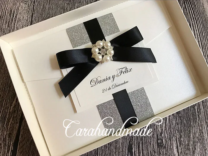  Classic Boxed Glitter Wedding Invitation cards pocket with box silver/gold/rose gold glitter with r - 32967130138