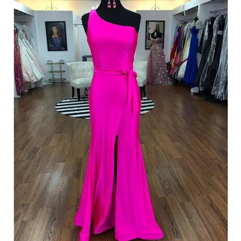 

Modest Fuchsia Mermaid Prom Dresses Long 2019 With Sexy One Shoulder Red Party Dress Evening For Women Split Vestidos de fiesta