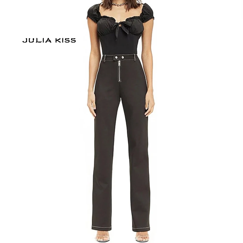 

Women High Waist Straight Pant with Contrast Stitching Side Stripe Stretch Leg Trouser