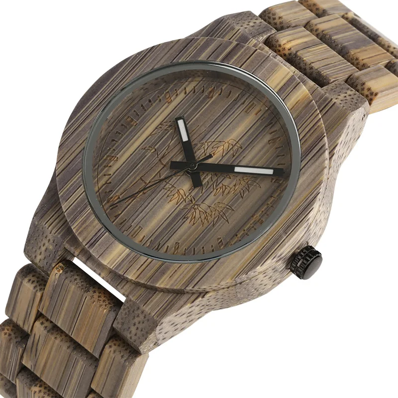 

Men's Watch Natural Wood Fashion Green Gray Quartz Clock Handmade Craving Bamboo Shape Dial Full Wooden Watch reloj para hombre