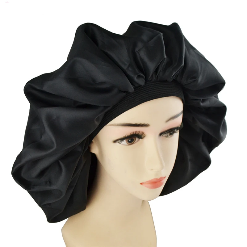 

Super Big Size Beauty Salon Cap Satin Bannet Cap Sleep Night Cap Head Cover Bonnet Hat for For Curly Springy Hair Black Color