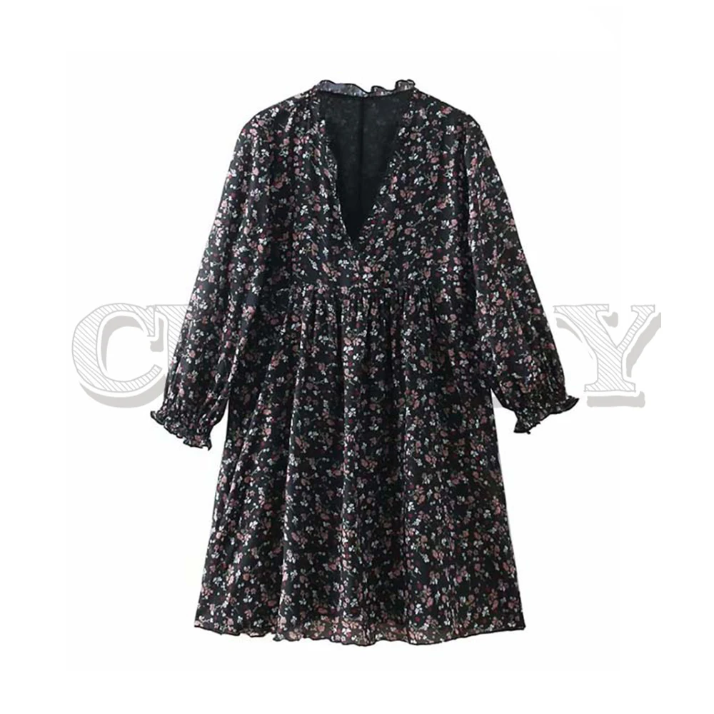 

CUERLY women V neck floral mini dress ruffles long sleeve vintage female casual chic dresses retro straight vestidos 2019
