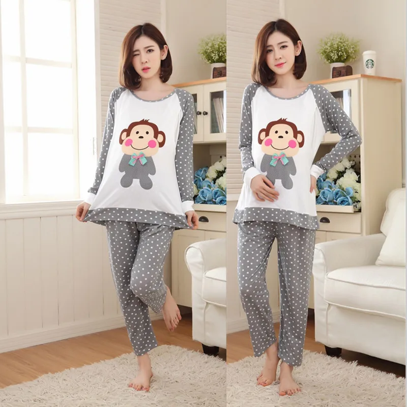 Spring Summer Cotton Nursing Pajamas Expectant Mother Feeding Dress Character Pregnant Women Pajamas Stretching  Coat + Pants 