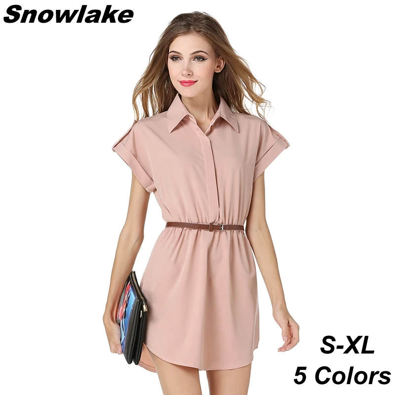 Snowlake Women Plus Size Ladies Chiffon Lapel Collar Dress for Lady Shirts Short Sleeve Blouse Female Summer Dresses With Belt | Женская