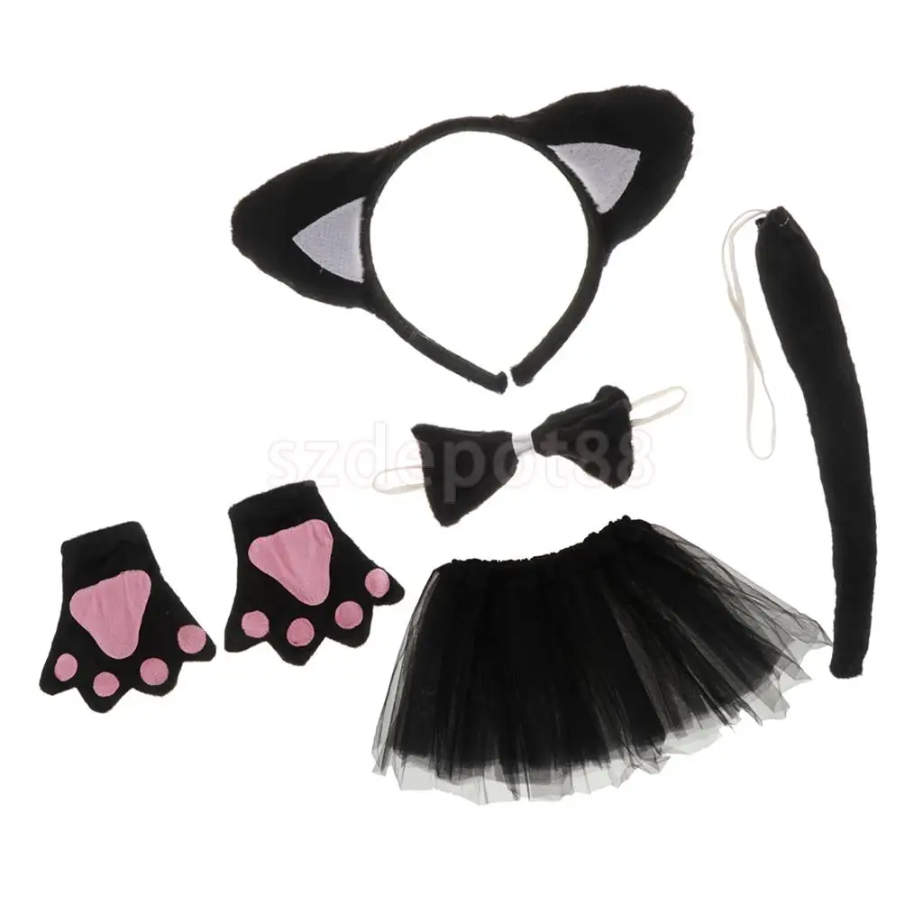 Christmas Girls Kids Birthday Black Cat Costume Set Ear Headband TUTU Skirt Bowtie Gloves Tail Fancy Dress Outfit