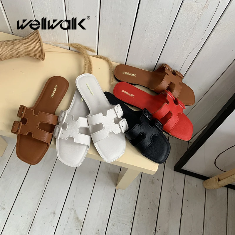 

Wellwalk Brand Design Flat Slippers Ladies Foldable Sliders Women Summer Slip On Slipper Square Toe Slides Female Casual Shoes