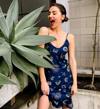 

Sexy Satin Sun Embroidery Spaghetti Strap Dress Deep V Neck Sleeveless Backless Summer Dress Omighty Women Dress 2019
