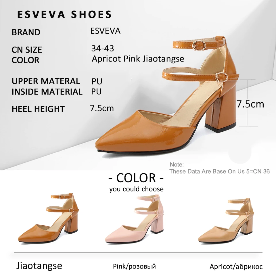 ESVEVA/ г. Женские туфли-лодочки босоножки с острым носком на высоком квадратном каблуке с пряжкой Летняя обувь с ремешком на щиколотке женская обувь, размер 34-43