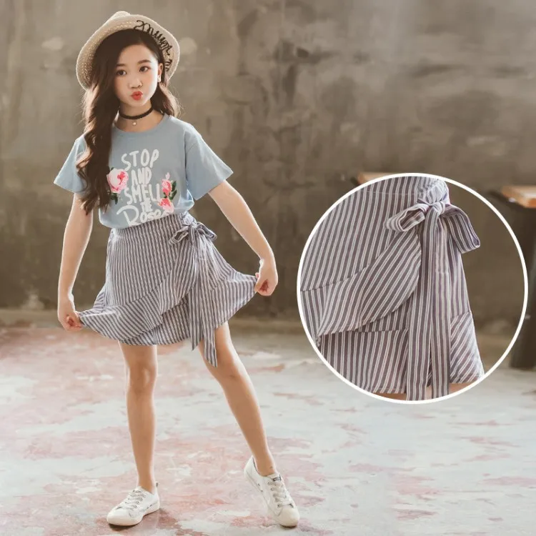 2019 Summer Children Clothing Set For Teenage Girls Fashion Letter Flower Tshirt Ruffles Skirt 2Pcs Kids Clothes Suit 10 12 Year (14)