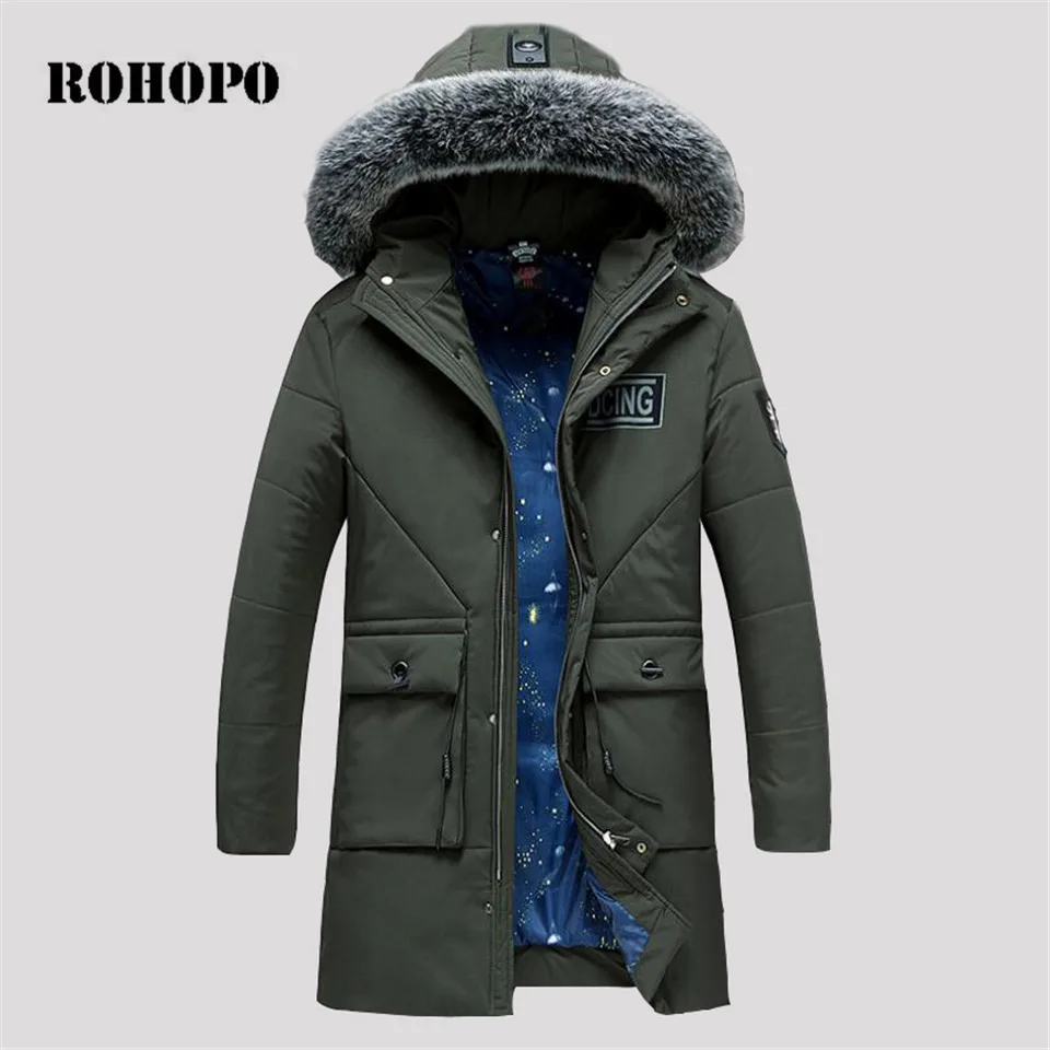 

ROHOPO Parkas Coat Man Fur Collar Military Style Long Parka Man Quality Winter Thick Keep Warm Man Coat medium Length Overcoat