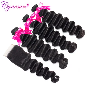 

Cynosure Loose Deep Wave Bundles with Closure Natural Black Brazilian Human Hair Weave 3 Bundles with Closure Non Remy Hair